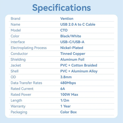 Vention 2-Meters USB 2.0 Type-A Male to Type-C Male 6A Fast Charging Cable 480Mbps Data Transmission Speed Aluminum Alloy Type