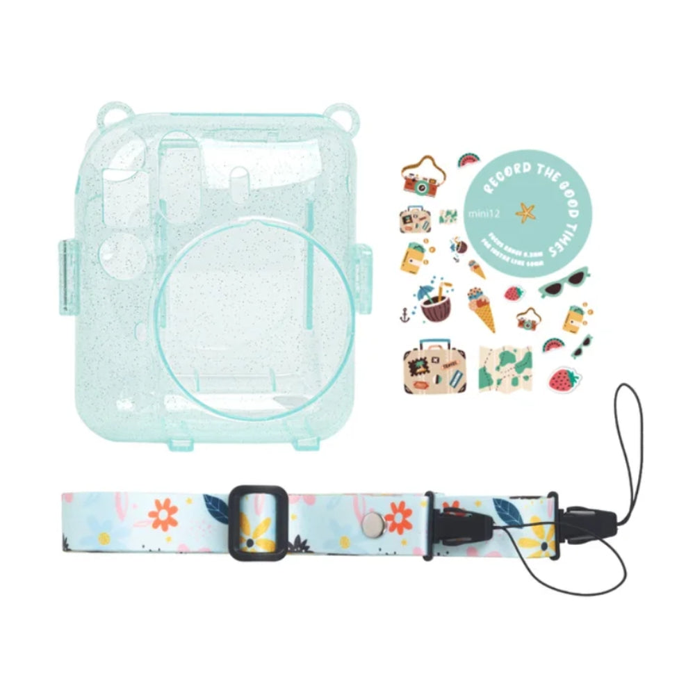 Pikxi 3-in-1 Transparent Glitter Instant Camera Case for FUJIFILM Instax Mini 12 Film Cameras with Cartoon Patch Sticker Set and Body Strap