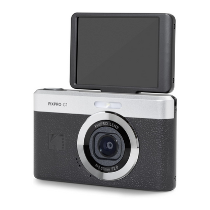 KODAK PIXPRO C1 Compact Digital Camera with 16GB TF Card & Card Reader Bundle Set, 180° LCD Flip Screen, 26mm Fixed Focus Lens, 4x Digital Zoom, 13MP CMOS Sensor, Full HD Video, Built-In Li-Ion Battery | Black Brown
