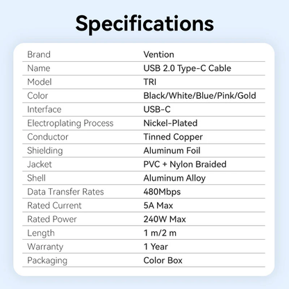 Vention 1 / 2-Meter USB 2.0 Dual Type-C Male 5A Fast Charging Cable with 480Mbps Data Transmission Speed Aluminum Alloy Type