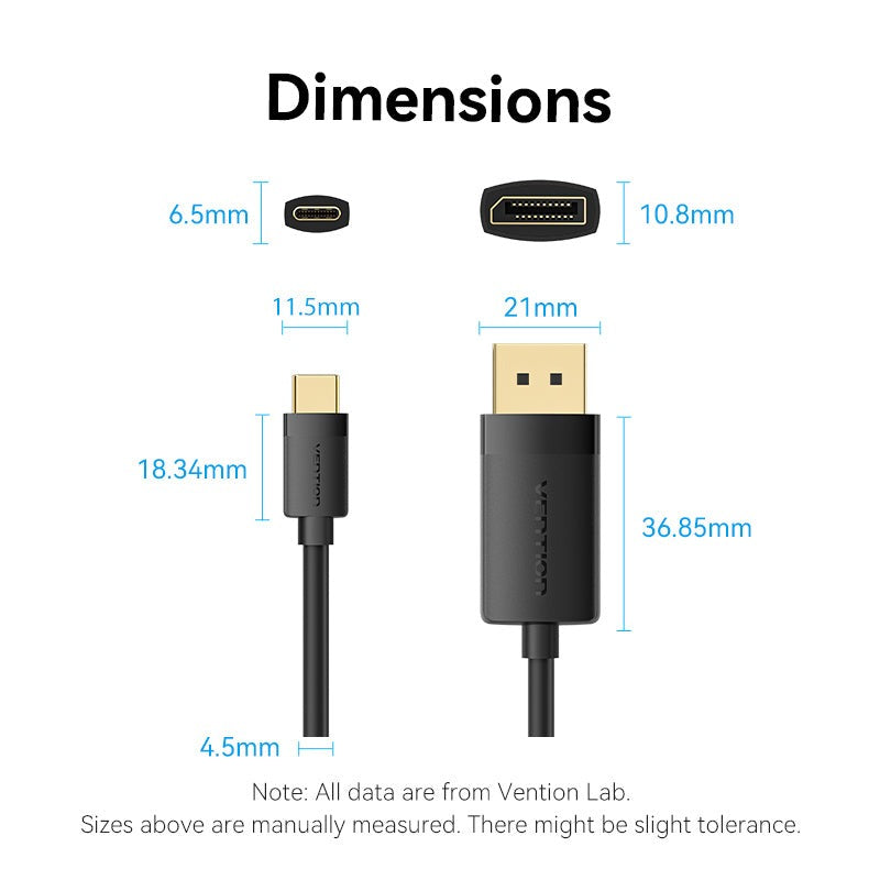 Vention USB-C to DP 4K HD Cable Black 4K/60Hz For Laptop, Phone, Tablet, TV, Projector, Monitor