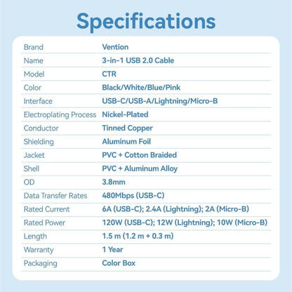 Vention 3-in-1 USB 2.0 1.5M Cable USB-C, Lightning, Micro-B, 6A Fast Charging, Aluminum Alloy for Phone, Tablet, Power bank - Available Colors