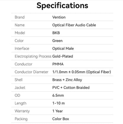 [CLEARANCE] Vention 10mToslink Optical Fiber Male to Male Hi-Fi Audio Cable, Supports S/PDIF Port for TV, Gaming Console, DVD Player, Speaker, Soundbar, and Amplifier | BKBGL