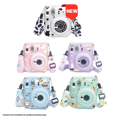 [CLEARANCE] Pikxi 3-in-1 Transparent Glitter Instant Camera Case for FUJIFILM Instax Mini 12 Film Cameras with Cartoon Patch Sticker Set and Body Strap