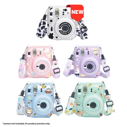 Pikxi 3-in-1 Transparent Glitter Instant Camera Case for FUJIFILM Instax Mini 12 Film Cameras with Cartoon Patch Sticker Set and Body Strap