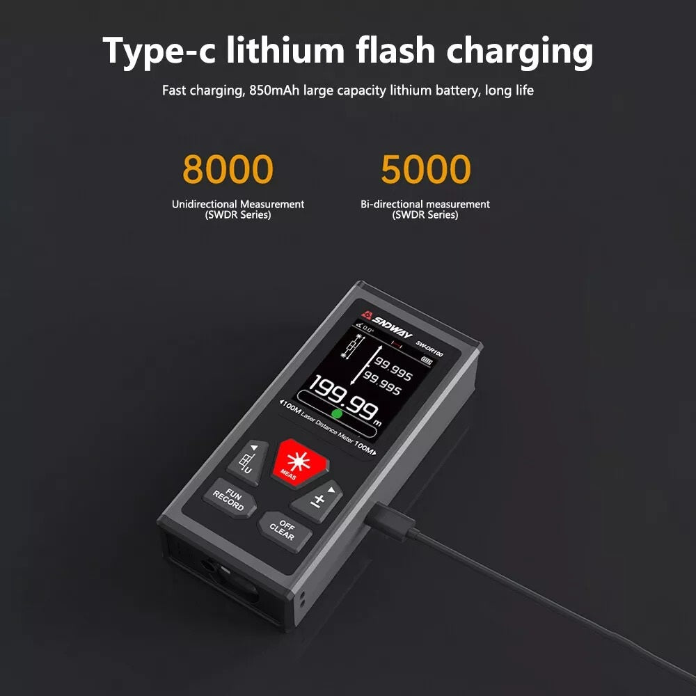 SNDWAY Dual Rechargeable Laser Distance Meter with Bidirectional 60M /120M Measuring Range, Laser Class Level II, LCD Display Screen, Magnetic Back and Multiple Measurement Function Options for Industrial and Home Improvements | SW-DR60