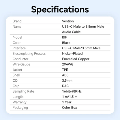 Vention 1.5-Meters USB-C Male to 3.5mm Male Jack Audio Cable with DAC Adapter ABS Type for Laptops, Headphones, Car Stereo, Smartphones & Speakers