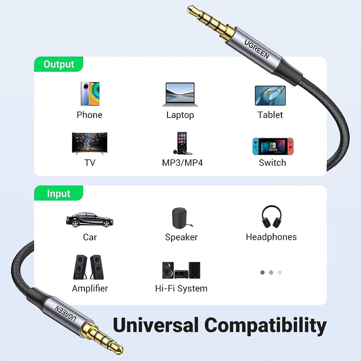 UGREEN 3.5mm 4-Pole TRRS Male to Male AUX Audio Cable Hi-Fi with Gold-Plated Jack Connectors, Nylon Braided Jacket, Multi-Layer Shielding for PC, Phone, Tablet, Speaker, Amplifier, etc. (0.5M, 1M, 1.5M, 2M, 3M, 5M)