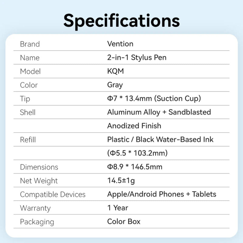 Vention Universal Stylus Pen with 2-in-1 Replaceable Tip Design, High-Sensitivity Touch, Ergonomic Grip, Durable Aluminum Alloy Body for Smartphones, Tablets and Laptops