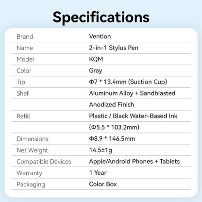 Vention Universal Stylus Pen with 2-in-1 Replaceable Tip Design, High-Sensitivity Touch, Ergonomic Grip, Durable Aluminum Alloy Body for Smartphones, Tablets and Laptops