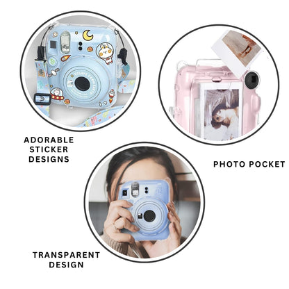 [CLEARANCE] Pikxi 3-in-1 Clear Instant Camera Case for FUJIFILM Instax Mini 12 Film Cameras with Cartoon Patch Sticker Set and Body Strap - Available in Blossom Pink, Pastel Blue, Clay White, Lilac Purple, and Mint Green Color