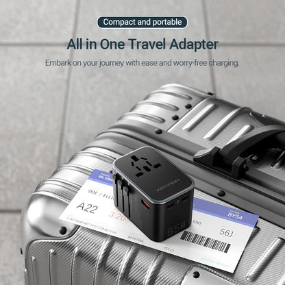 Vention 65W Multi-Port Universal Travel Adapter with GaN Fast Charging USB PD Ports, US/AU/UK/EU Male and Female Plugs for Smartphone, Tablet, Laptop etc. | FJDB0