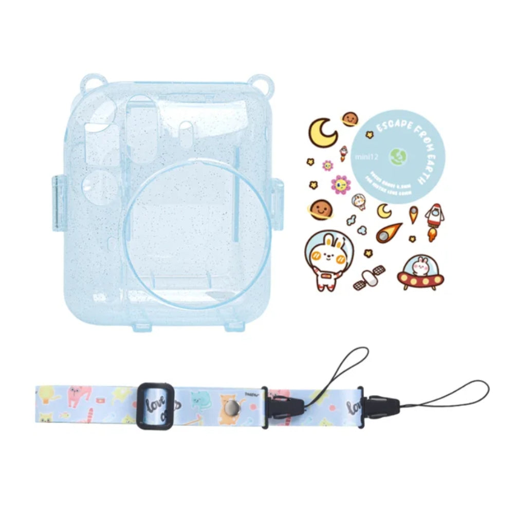 Pikxi 3-in-1 Transparent Glitter Instant Camera Case for FUJIFILM Instax Mini 12 Film Cameras with Cartoon Patch Sticker Set and Body Strap