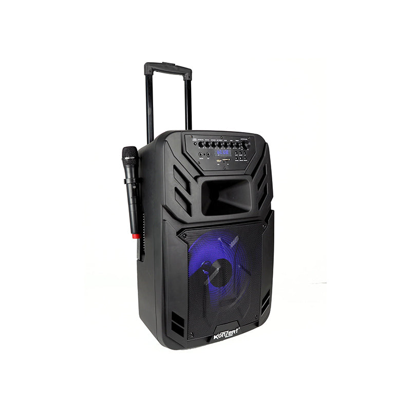 Konzert PA-12 12" 400W Portable Party Active Trolley Speaker with Bluetooth, NFC, USB/ SD Slot, FM Radio, LED Light, 2pcs Wireless Mic with Voice Priority and Rechargeable Battery