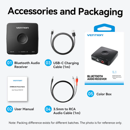 Vention Wireless Bluetooth 5.1 Receiver Adapter HiFi with 3.5mm and 2 RCA Outputs, USB Type-C Charging Port, Up to 10M Transmit Distance for Smartphones, Tablets, Laptops to Speakers, Headphones & Speakers