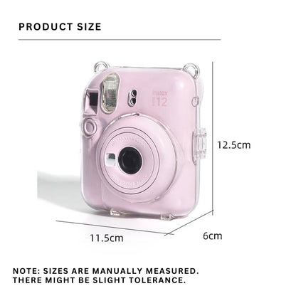 [CLEARANCE] Pikxi 3-in-1 Clear Instant Camera Case for FUJIFILM Instax Mini 12 Film Cameras with Cartoon Patch Sticker Set and Body Strap - Available in Blossom Pink, Pastel Blue, Clay White, Lilac Purple, and Mint Green Color