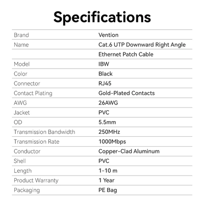 Vention 3-Meters Cat6 UTP 1000Mbps Downward Right Angle RJ45 Full-Speed Ethernet Patch Cable with 250MHz Bandwidth for Computers, Network Devices, PC, Laptops, Wi-Fi Access Point & Router