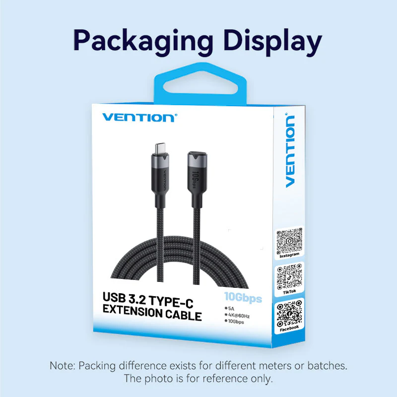 Vention 0.5-Meter USB 3.2 Gen 2 Type-C Male to Female 5A Fast Charging Cable with 10Gbps Data Transmission Speed Aluminum Alloy Type