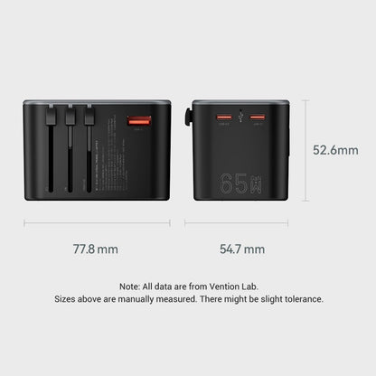 Vention 65W Multi-Port Universal Travel Adapter with GaN Fast Charging USB PD Ports, US/AU/UK/EU Male and Female Plugs for Smartphone, Tablet, Laptop etc. | FJDB0