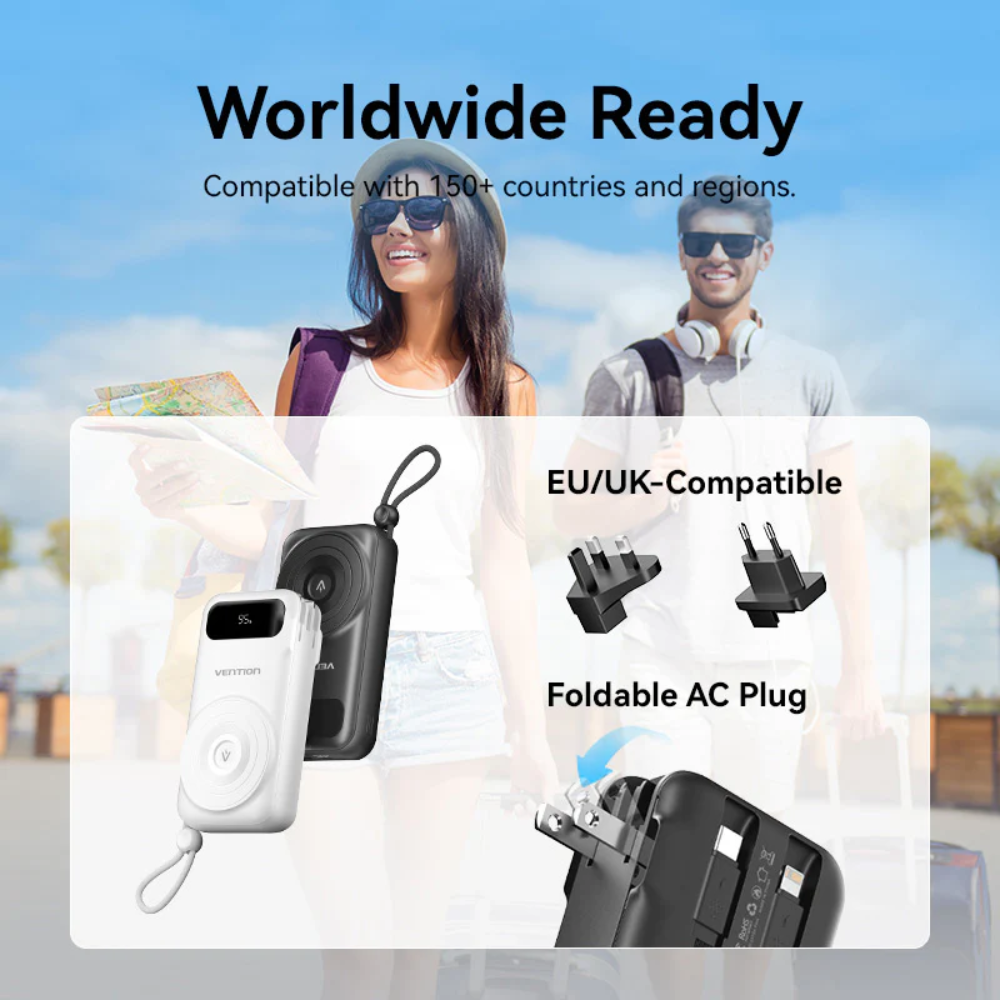 Vention 10000mAh Power Bank 15W Magnetic Wireless Charging Built-in USB-C and iPh Cable includes EU/US/UK AC Convertible Adapters with Airline-Approved for Travel