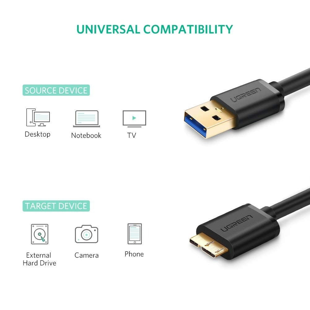 UGREEN USB 3.0 A Male to Micro USB 3.0 Male Cable 5Gbps High Speed Gold-Plated Data Hard Drive Cord (Available in 0.5M, 1M, and 2M) | 10840, 10841, 10843