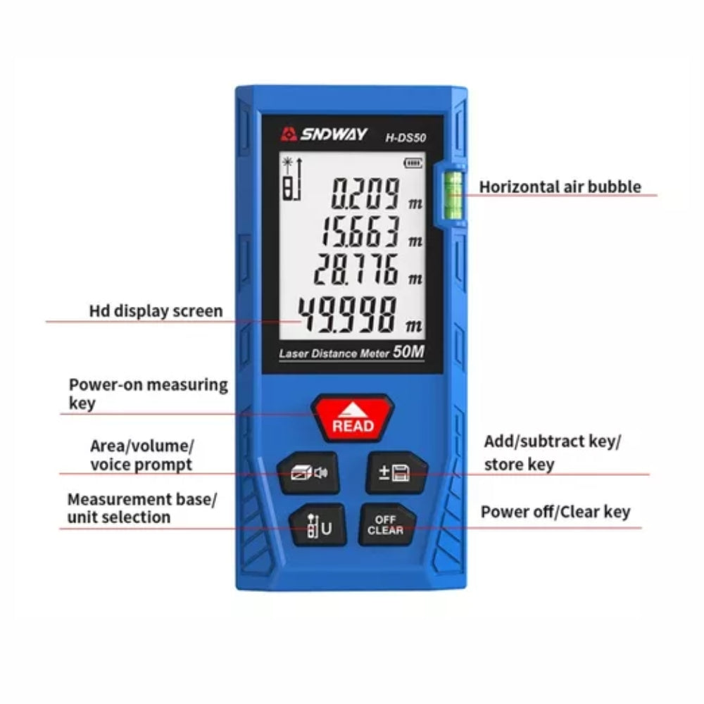 SNDWAY Digital Laser Distance Rangefinder Meter with 50 Meters Measurement Range, Class II Laser,  4-Line Backlit Display, Multiple Measurement Unit and Function Options for Industrial & Home Improvements | H-DS50