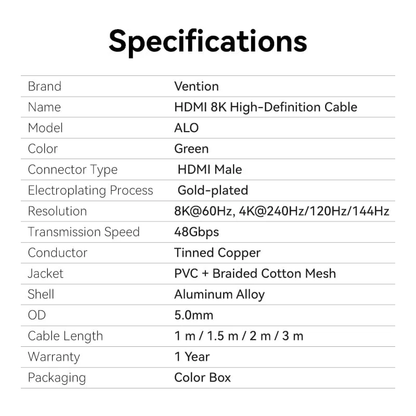 Vention 3-Meters HDMI Male to Male 8K 60Hz HDR Ultra Thin Cotton Braided Video Cable with 48Gbps Total Bandwidth for Computer, Laptop, Gaming Console, TV & Projector