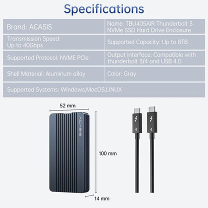 ACASIS TBU405Air Thunderbolt 3 USB Type-C NVMe M.2 SSD Enclosure with High-Speed 40Gbps Data Transmission and Supports Up to 8TB Storage Capacity for Windows, macOS, and Linux, PC, Laptop, Desktop Computer