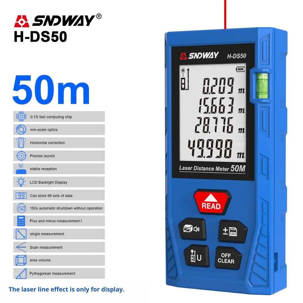 SNDWAY Digital Laser Distance Rangefinder Meter with 50 Meters Measurement Range, Class II Laser,  4-Line Backlit Display, Multiple Measurement Unit and Function Options for Industrial & Home Improvements | H-DS50