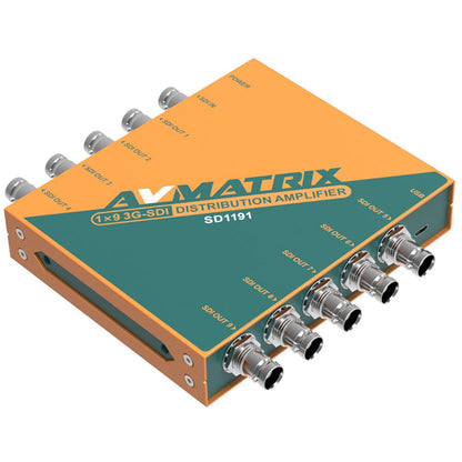 AVMatrix SD1191 1×9 SDI Reclocking Distribution Amplifier with 3G/HD/SD-SDI Multi-rate Signal Processing, 9 Buffered and Re-clocked Outputs, Support DVB-ASI Signals, LED Indicators, Locking Power Supply, and Mounting Ear