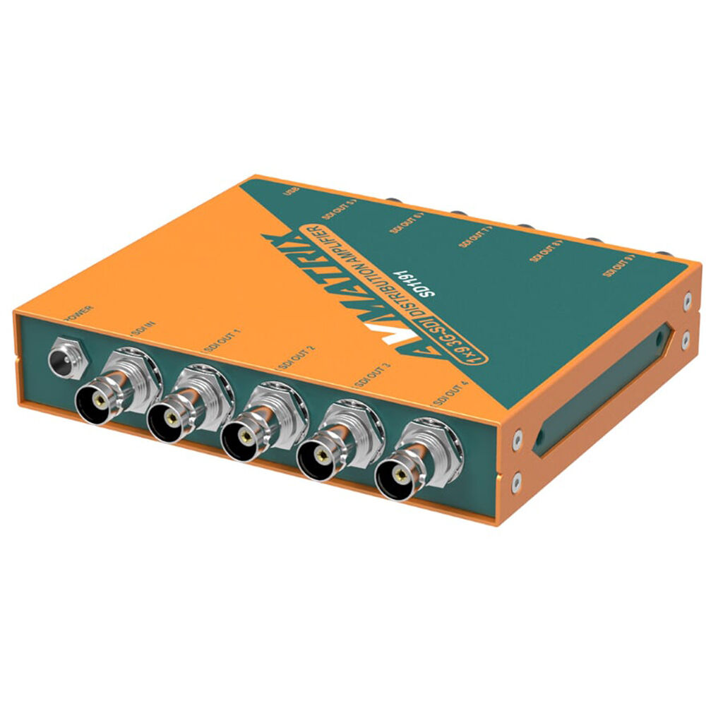 AVMatrix SD1191 1×9 SDI Reclocking Distribution Amplifier with 3G/HD/SD-SDI Multi-rate Signal Processing, 9 Buffered and Re-clocked Outputs, Support DVB-ASI Signals, LED Indicators, Locking Power Supply, and Mounting Ear