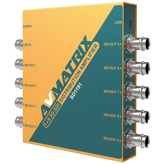 AVMatrix SD1191 1×9 SDI Reclocking Distribution Amplifier with 3G/HD/SD-SDI Multi-rate Signal Processing, 9 Buffered and Re-clocked Outputs, Support DVB-ASI Signals, LED Indicators, Locking Power Supply, and Mounting Ear