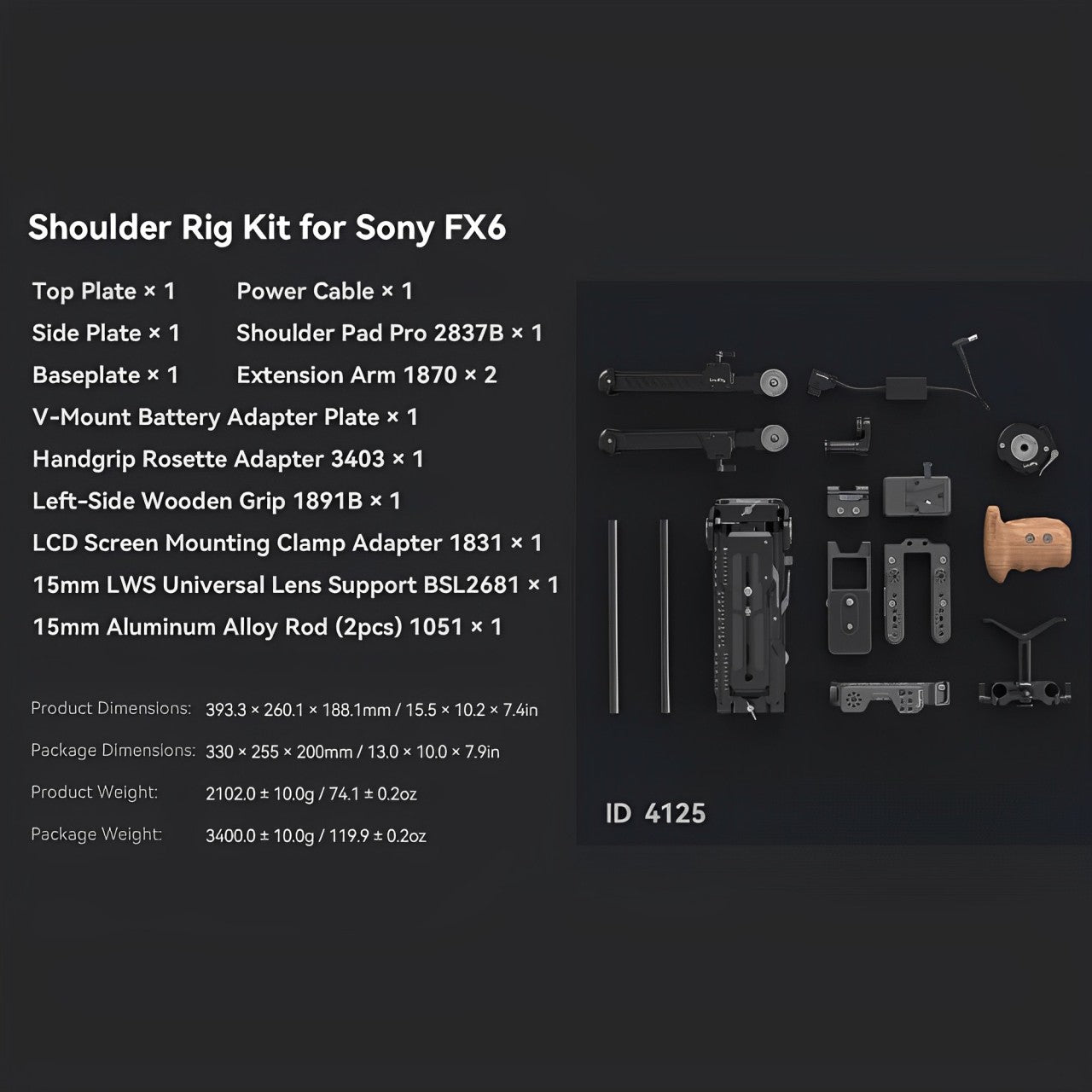 SmallRig Shoulder Rig Kit for Sony FX6 with V-Mount Battery Plate, VCT-14 Quick Release Base Plate, Wooden Handle Grip, Cold Shoe Mounts, 1/4"-20 and 3/8"-16 Threaded Holes for Attachments and Accessories | 4125