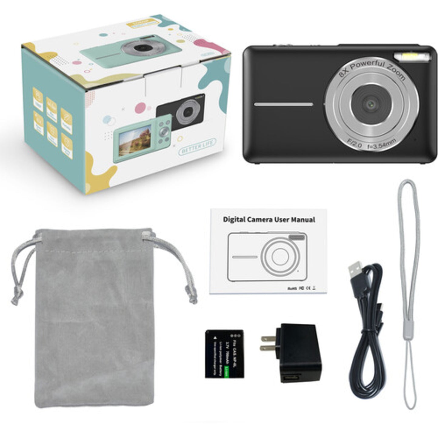 SONGDIAN DL403L 44MP Digital Camera 1080p FHD with AF Autofocus 8x Digital Zoom, 2.4" LCD Screen, Built-in Flash, 600mAh Lithium-Ion Battery and MicroSD Storage Slot for Point and Shoot Photography | Black, White, Green, Pink