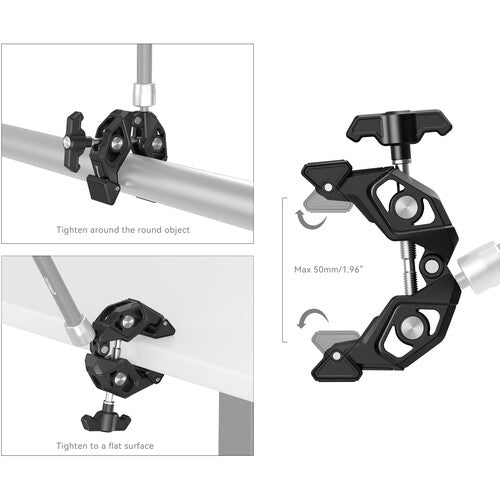 SmallRig Super Clamp with 1/4"-20 Threaded Holes and Locating Holes, Swivel Tip Design for Flat and Rounded Surface, Up to 50mm Clamping Diameter | 5319