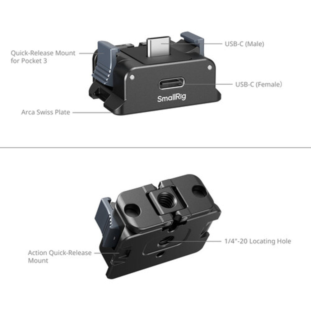SmallRig Battery Adapter Plate for DJI Osmo Pocket with USB Male / Female Ports, Folding 2-Prong Action Mount, 1/4"-20 Mounting Thread Screw | 5376