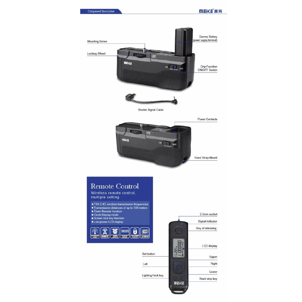 Meike MK-A6300 Professiol Battery Grip with 2.4GHz Wireless Remote Control for Sony A6300, A6000 Mirrorless Cameras, Compatible for NP-FW50 Battery
