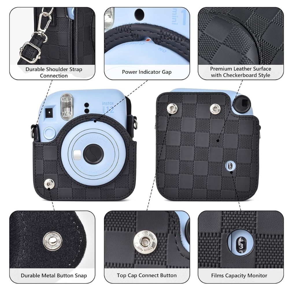 Pikxi Checkerboard Style Instant Camera Bag for FUJIFILM Instax Mini 12 Film Cameras with Shoulder Strap with Detachable Front Case Cover - Available in Black, White, Lilac Purple, and Mint Green Color