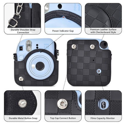 Pikxi BMS12 Fujifilm Instax Mini 12 PU Checkered Style Silicone Rubber Protective Camera Case Bag with Shoulder Strap - Clay White
