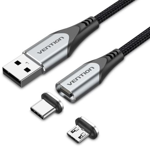 [CLEARANCE] Vention USB 2.0 A Male to 2-in-1 Micro-B & USB-C Male 3A Magnetic Cable 480Mbps (CQM) (Available in Different Lengths)