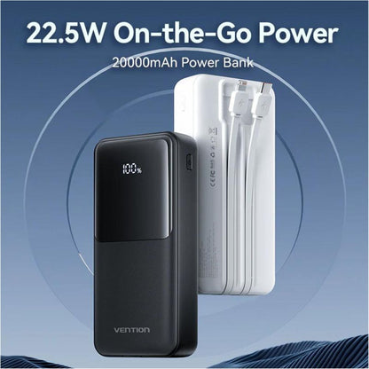 Vention 20000mAh 22.5W/PD 20W Fast Charge Power Bank with Built-In Type C & Lightning Charging Cable, 3-Port Output, Smart LED Digital Display for iPhone, iPad, Airpods, Android Smartphone, Tablet, Camera - White, Black