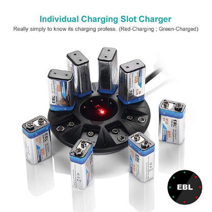 [CLEARANCE] EBL LN-6498 8 Bay Smart Individual Charger with Integrated Over-Charger Over-Current and Over-Voltage Protection, Built-In LED Charge Status Indicator Lights for 9V 6F22 600mAh Li-ion Lithium-ion Rechargeable Batteries