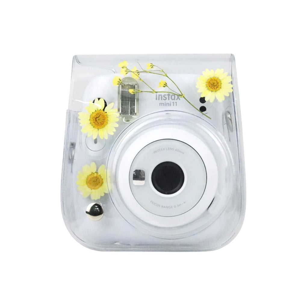Pikxi Dried Daisy Flowers Clear Case with Sling Bag Type Strap for FUJIFILM Instax Mini 12 Instant Film Camera - Yellow, Pink, Blue, Purple