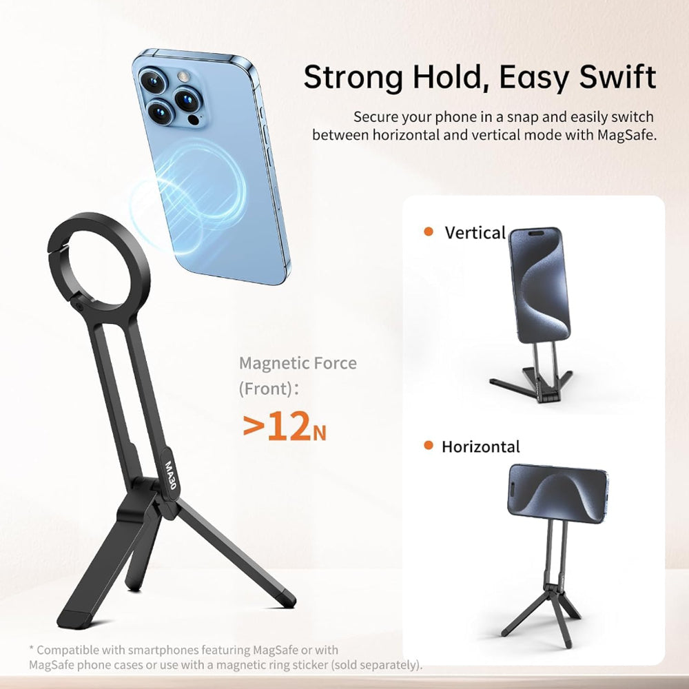 Ulanzi MA30 Foldable Portable Dual MagSafe Smartphone Tripod with Carabiner Mounted Hook for iPhone 12 - 15 / 16 Pro Max - Live Streaming, Online Meeting, Vlogging and Action Photography | M056, M060, M076, M077