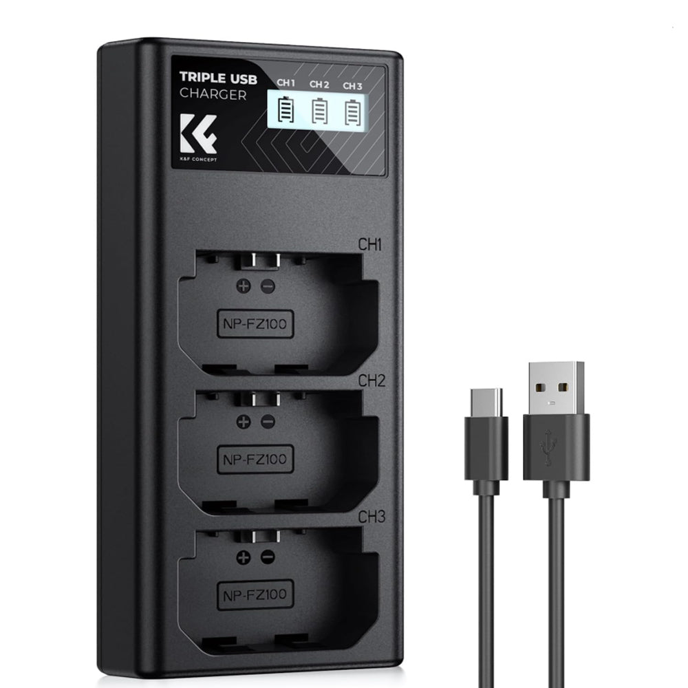 K&F Concept NP-FZ100 (3-Pack / 2-Pack) 2280mAh Rechargeable Camera Battery Replacement and Triple / Dual Slot Charger Display Kit with USB Type-C / Micro B Input Fast Charging Ports for Selected Sony Cameras