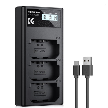 K&F Concept NP-FZ100 (3-Pack / 2-Pack) 2280mAh Rechargeable Camera Battery Replacement and Triple / Dual Slot Charger Display Kit with USB Type-C / Micro B Input Fast Charging Ports for Selected Sony Cameras