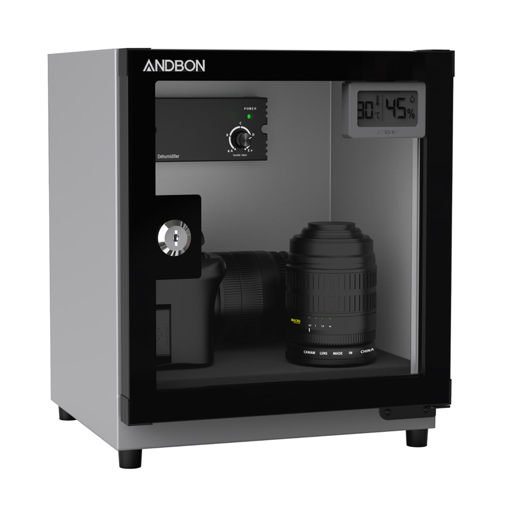 Andbon AB-18C 18L Electronic Dry Cabinet Moisture Proof Dehumidifying Box with 30-60%RH, Noiseless, Analog Digital LCD Display, Controller Knobs and Key Lock Security for DSLR Mirrorless Cameras & Lens Lenses | Metallic Grey, Silver Black, Amber Orange