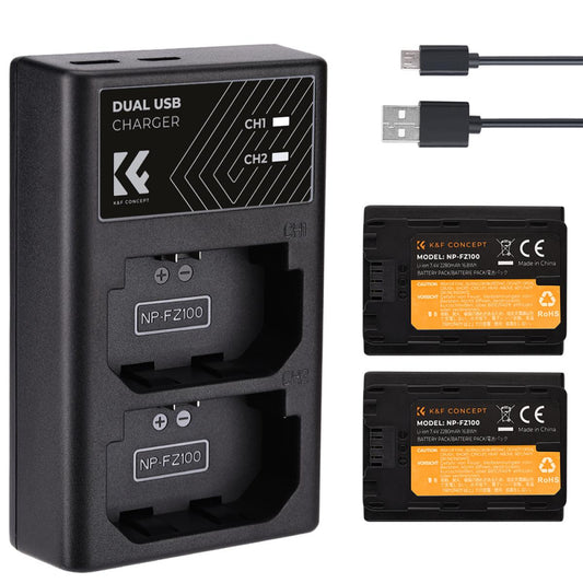 K&F Concept NP-FZ100 Replacement Camera Battery 7.4V 2280mAh & USB Dual Slot Battery Charger Kit for Sony Alpha a7 III, a7R III, A9, a6600, a7R IV, a9 II, a9R, a9S, etc.