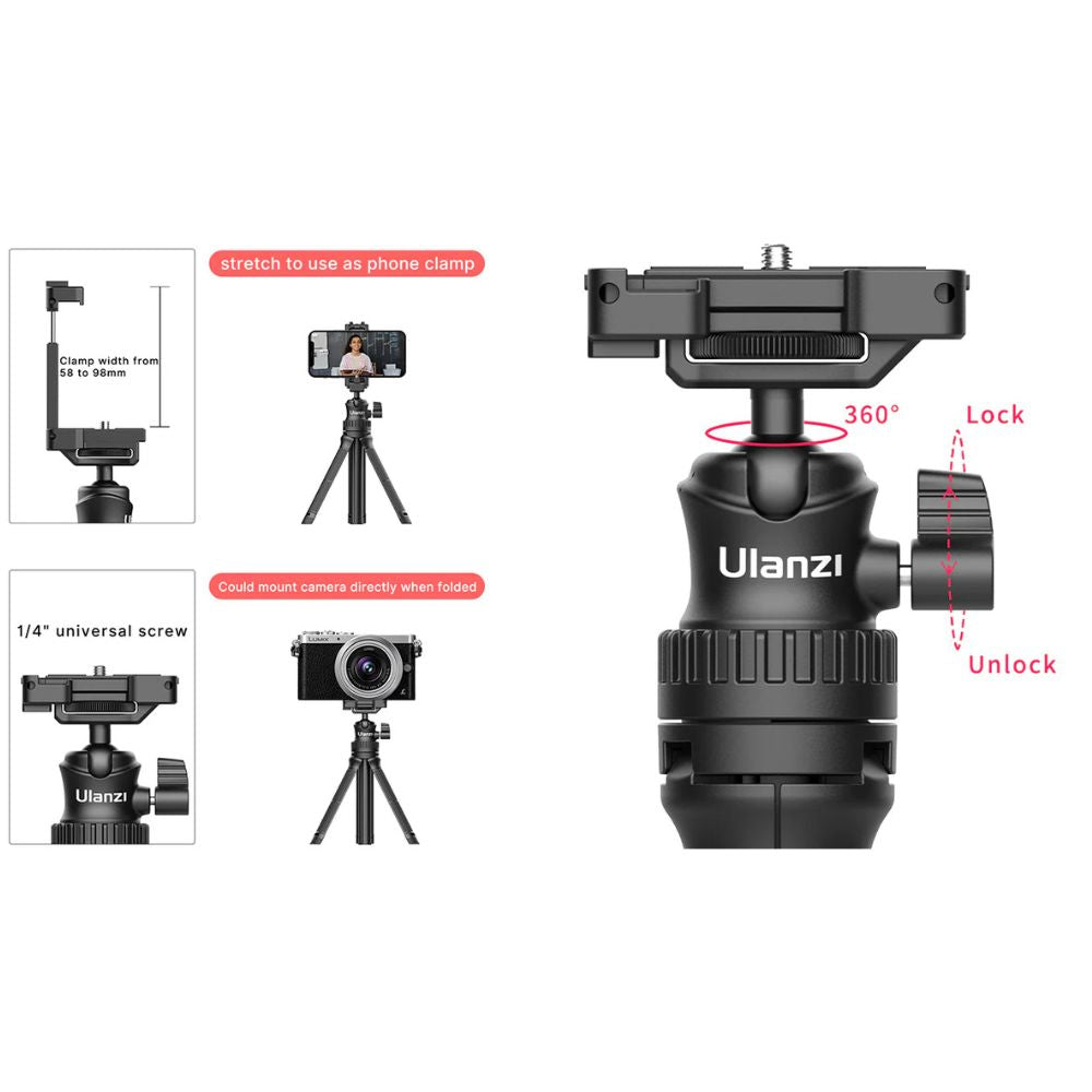 Ulanzi MT-34 Multifunctional 6-Section Tripod Selfie Stick with 360° Pan / 90° Tilt Ball Head with C-Clamp, Max 1.5kg Load Capacity, 32.1" Extendable Height for Vlog Vlogging, Content Creation