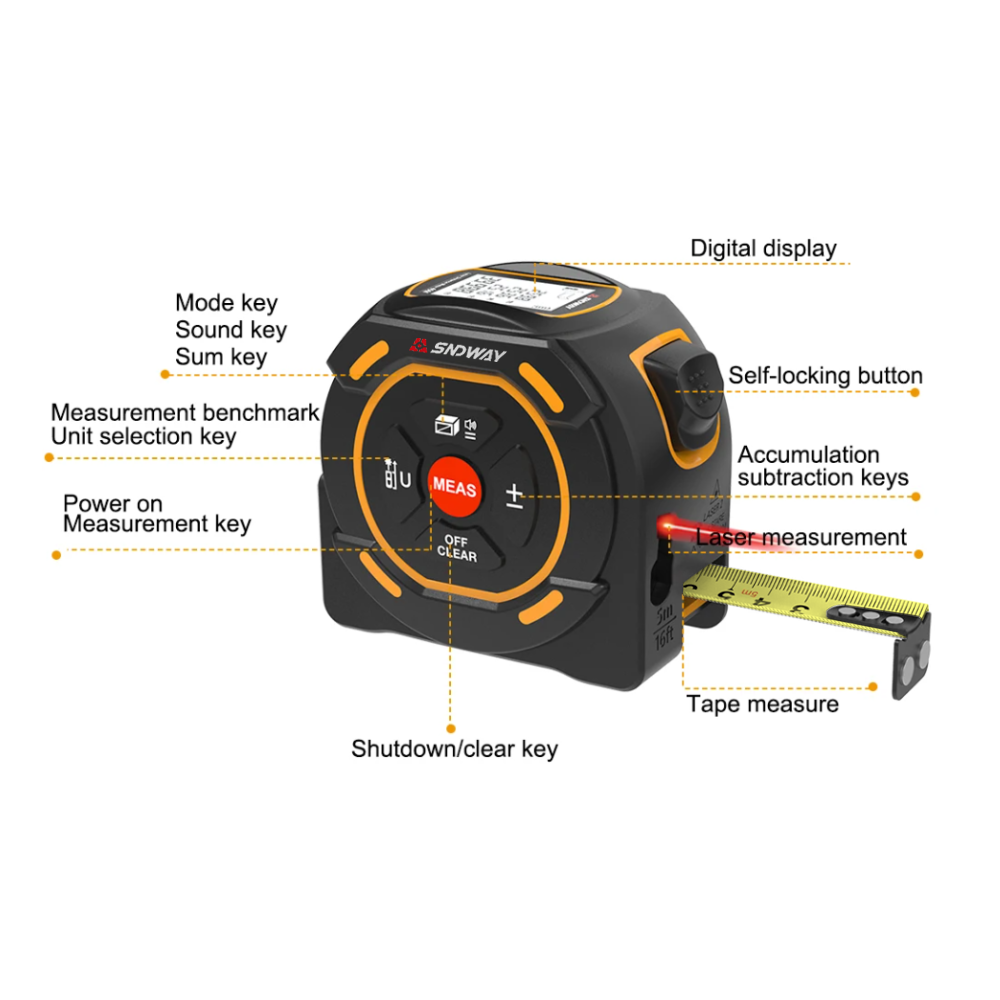 SNDWAY 2-in-1 Digital Rechargeable Laser Distance Measuring Tape Meter with 5M Max Tape Measure & 40M Laser Measurement Range, LCD Display, Push Lock Button and Multiple Measurement Functions for Industrial & Home Improvements | SW-TM40A